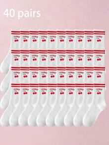 1/3/5 Pairs 3D Printed Cherry Pattern Mid-Calf Socks, Colorful Red Striped Ribbed Splicing Details, Soft And Skin-Friendly - Red - View 37