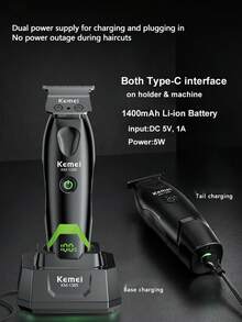 Kemei KM-1385 專業 T 型刀頭理髮器，男士可調式理髮剪，DC 馬達附底座 LED 顯示理髮剪，適用於理髮師、設計師或居家使用，男士禮物，鬍鬚修剪器 - 黑色 - 查看 4