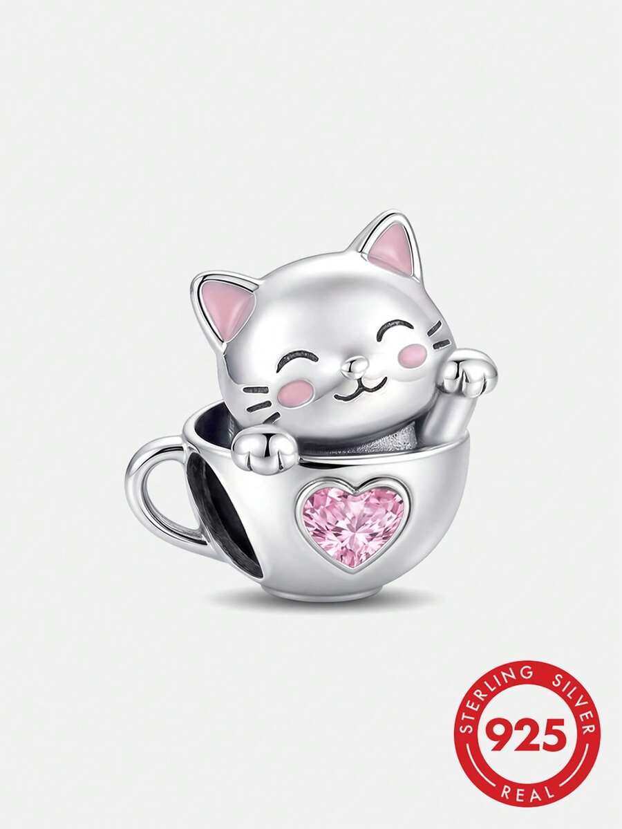1 Fashionable 925 Sterling Silver Cup Small Cat Bead, Suitable For Women's Bracelet, Bracelet, DIY Jewelry Making - Style 14 - View 1