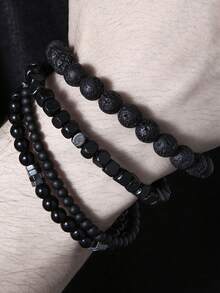 RINTOLER 4pcs/set Vintage Unusual Matte Lava Rock & Wooden Beads With Spacer Elastic Bracelet - ZJ10491 - View 3
