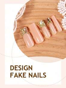 12pcs French Style Press-On Nails, Rectangular, Decorated With Large 3D Gold Rhinestones, XXL/XXXL Size, Metal Ornament Design, Luxury Y2K Style, Smooth Surface, Full Coverage, Suitable For Women And Girls Daily Wear - Multicolor - View 3