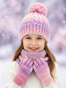 1 Set Tie-Dye Knit Warm Hat Set With Ear Protection, Suitable For 2-8 Years Old Girls - Multicolor - View 3