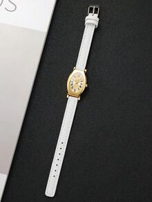 Women's Gift Watch With Embossed PU Leather Strap, Oval Roman Numeral Dial, Small Dial, Luxury Niche Wristwatch, Gift For Best Friend (1pc/Set) Watch Box Not Included - White - View 8