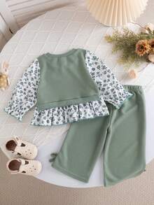 Setelan Rajut Waffle Manis 2 Potong untuk Bayi Perempuan Musim Semi/Gugur, Atasan 2 in 1 dengan Motif Bunga dan Ruffle + Celana Panjang Kasual Lebar dengan Pita di Bagian Bawah, Gaya Mori Segar untuk Sehari-hari, Aktivitas Luar Ruangan, Liburan, Foto, Pesta, dan Jalanan - Mint Green - View 2