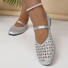 Modische elegante Mary-Jane-Flache mit Cut-outs im französischen Stil, atmungsaktiv, bequem, Lehrerinnen-Schuhe, Frühling/Sommer, neuer Stil, Schnalle, Stickerei, weiche Sohle, weiches Obermaterial, Tanzschuhe, Outdoor, Party, Pendeln, Damenschuhe, eckige Zehenpartie, Große Größen - Silber - Übersicht 4