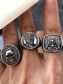 Nhẫn nam phong cách vintage Mỹ họa tiết đầu lâu, vương miện mài mòn, hoa hồng và Freemason, nhẫn ngón tay nam cá tính phong cách hip-hop, nhẫn nam đeo nhiều lớp, phụ kiện trang trí táo bạo đa năng, quà tặng Halloween, kiểu ngẫu nhiên 1 cái/2 cái/3 cái - Màu Bạc Cổ - Xem 14