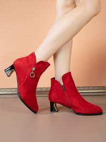 Women's Thermal Lined Warm Ankle Boots, Thick Heel New Autumn/Winter Suede Boots, High-End Style Mom High Heel Shoes - Red - View 2