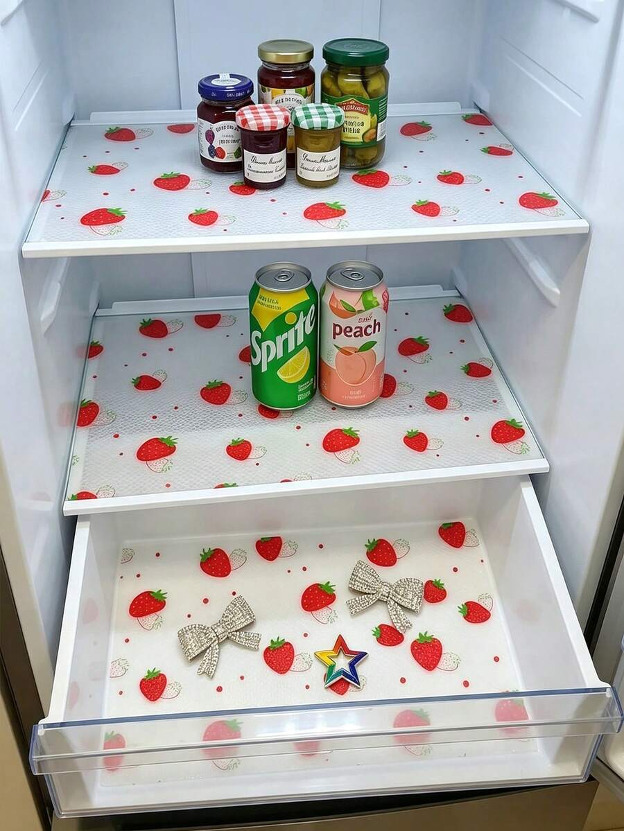 Waterproof Refrigerator Mat, 3 Mixed Colors - Moisture-Proof, Non-Slip, Washable And Reusable, EVA Material, Featuring Novel Strawberry, Lemon, Cherry Patterns, Suitable For Refrigerator, Drawer, Shoe Cabinet, Kitchen Cabinet Decoration - Multicolor - View 1