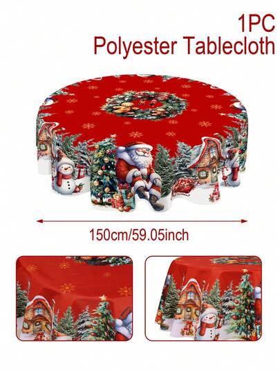1pc Christmas Round Tablecloth, Printed With Snowman, Santa Claus, Christmas Tree And Snowflake Patterns, Christmas Tablecloth, Christmas Decoration, Christmas Party Supplies, Christmas Holiday Decoration, Christmas Home Decor