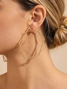 1 Pair Fashion Exaggerated Geometric Triple-Layer Line Polygon Hoop Earrings For Women, Suitable For Banquet And Daily Wear - Yellow Gold - View 3
