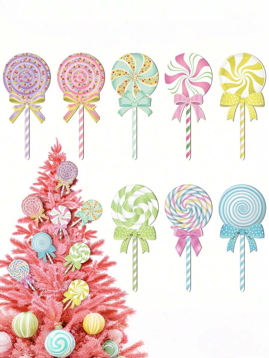 8pcs Large Red & Green Lollipop Christmas Tree Decorations, Lollipop Christmas Tree Floral Inserts, Double-Sided Design, Suitable For Green Christmas Decor - A - View 1