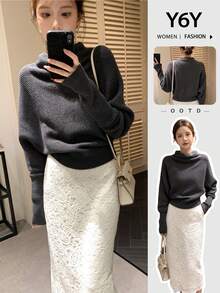 Y6Y Fashion Versatile Exquisite High Neck Dark Gray Women's Knit Sweater Top, Autumn/Winter Slouchy Loose Pullover - Dark Grey - View 8