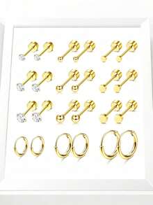 24 Pcs Hypoallergenic Stainless Steel Cartilage Earrings Gold Flat Back Studs Unisex Small Hoop Screw Studs Cartilage Helix Lobe Earring - Ear Stud - View 5
