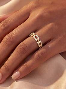 1pc S925 Sterling Silver Rhinestone Chain Ring, Elegant Exquisite Jewelry Gift, Suitable For Women's Holiday Gift And Daily Wear - Gold - View 3