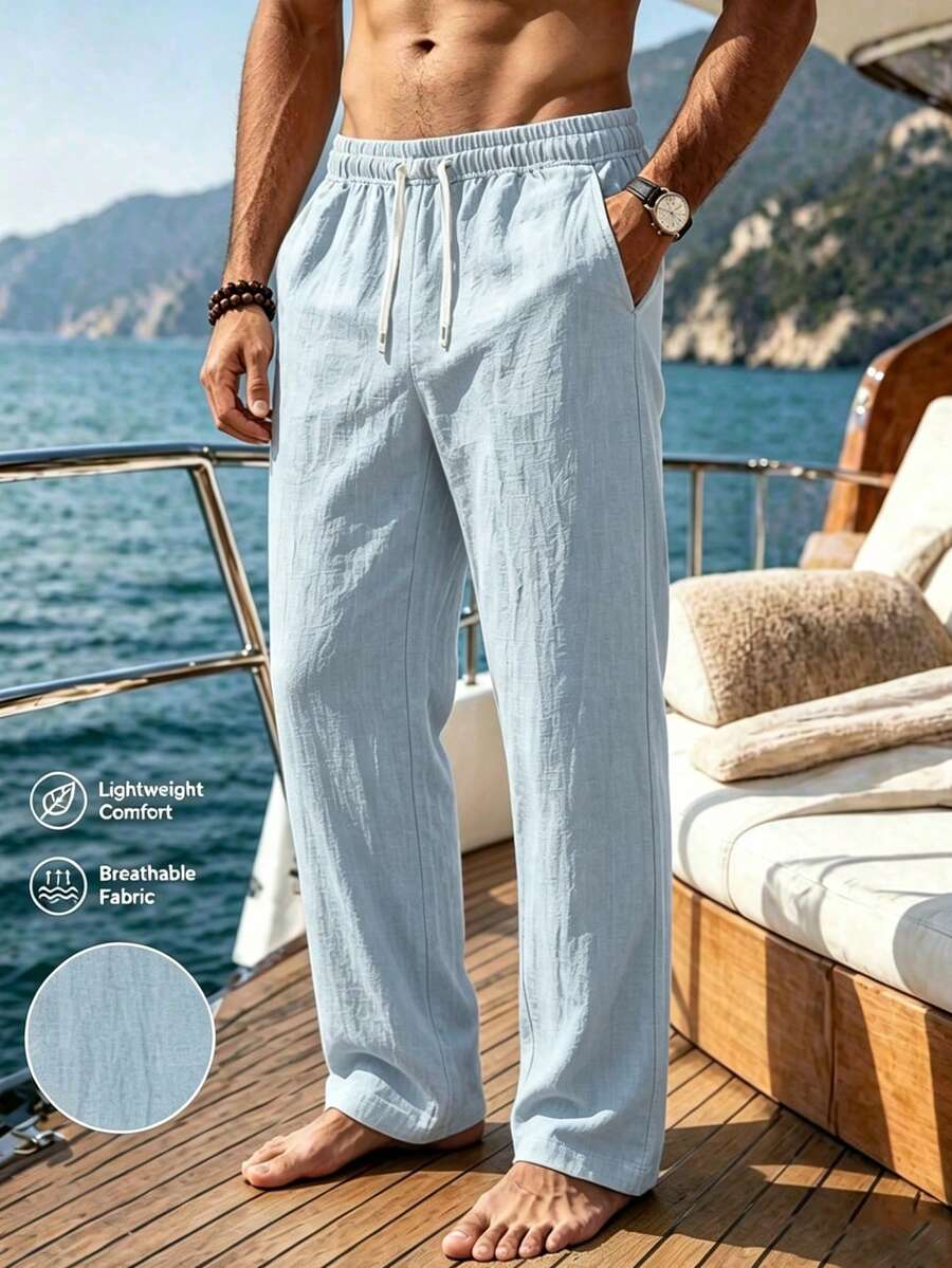 Celana Kasual Pria CleanFit Bertekstur, Celana Panjang Lurus Lebar, Pinggang Elastis, Jatuh Anti Kerut, Cocok untuk Olahraga - Dusty Blue - View 1