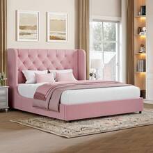 Modern Velvet Upholstered Bed Frame With Curved Wingback Design, Wooden Platform Bed Frame For Bedroom, Full Bed Frame/ Queen Bed Frame/ King Bed Frame/ Full Size Bed Frame/ Queen Size Bed Frame/ King Size Bed Frame,Pink/ White/ Grey - 粉色 - 查看 9