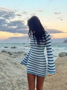 女款春夏純色性感海灘度假修身針織鏤空透視露背長袖短洋裝罩衫 - 彩色 - 查看 3