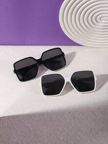 2 piezas Gafas retro de gran tamaño para mujer, material de PC, ribete lateral liso sin adornos, adecuadas para compras de fin de semana y viajes, para todas las estaciones - Multicolor - Ver 2