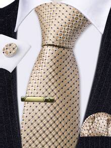 4pcs Champagne Plaids Necktie Matching Hanky Cufflinks Tie Clip Suit Kit For Luxury Yacht Evening Party - Champagne - View 1