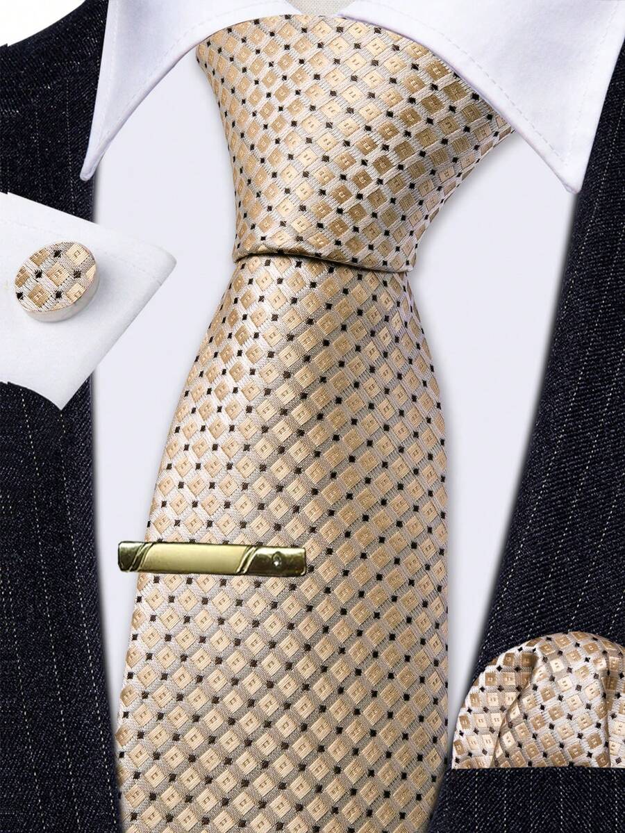 4pcs Champagne Plaids Necktie Matching Hanky Cufflinks Tie Clip Suit Kit For Luxury Yacht Evening Party - Champagne - View 1