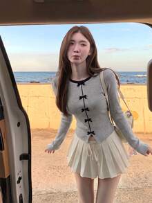 秋冬韓系甜美女孩休閒學院風撞色圓領蝴蝶結長袖女款修身針織保暖內搭上衣 - 灰色 - 查看 4