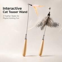 7Alas 3pcs Interactive Cat Teaser Wand Set With Detachable Bell & Feather Replacement Heads, 50cm Spring-Cushioned Wooden Handle, Indoor Hunting Exercise Cat Toy For Kittens - View 7