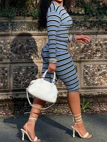 Fashion Women's Striped Short Hoodie & 3/4 Pants Set, Medium Stretch Casual 2 Pieces Outfit, Suitable For Spring - Blue - View 2