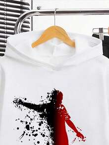 Youth Boy Cartoon Print Warm Hoodie And Pants Set - White - View 3