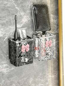 1pc Bowknot Bathroom Storage Rack - Wall-Mounted, Plastic Toothbrush & Toothpaste Holder, Makeup Brush Organizer, Makeup Pad Storage Box, Powder Storage Box & Hairline Storage Box, Self-Adhesive, No-Drill Design, Suitable For Accessory Storage, Home Organization Open Storage Box, Glacier Pattern Wall-Mounted Storage Box - Multicolor - View 4