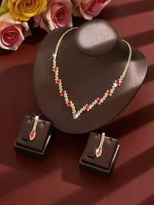 Conjunto de joyería de 3 piezas con collar, aretes y pulsera de metal rojo con incrustaciones de rhinestone, accesorios nupciales y de boda - 1806 Oro Rojo - HB - Ver 3
