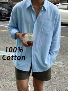 WAIT HIM Kemeja Lengan Panjang Kasual Pria Warna Polos 100% Katun - Baby Blue - View 1