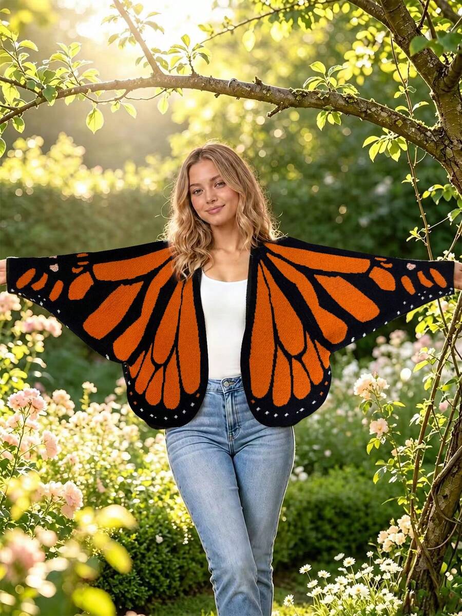 Women's Butterfly Wing Monarch Knitted Cardigan, Open Front Long Sleeve Sweater With Asymmetrical Hem, Unique Costume Cardigan For Spring And Fall - Multicolor - View 1