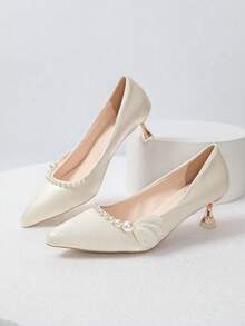 Fashionable Elegant Beaded Decor Pointed Toe High Heel Shoes - Beige - View 1