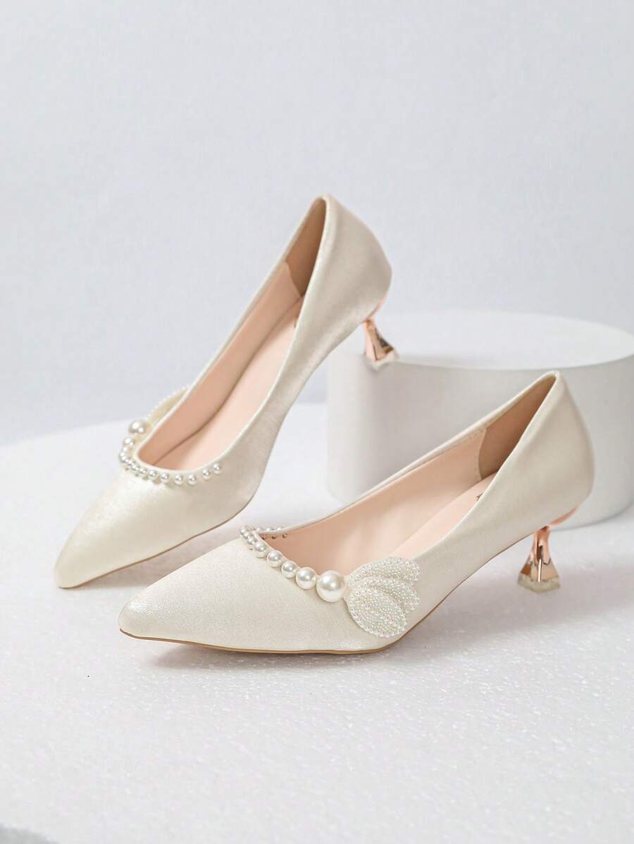 Fashionable Elegant Beaded Decor Pointed Toe High Heel Shoes - Beige - View 1