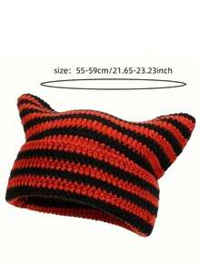 1pc Women's Handmade Knitted Hat, Y2K Striped Hat, Couple Cute Cat Ear Casual Hat, Suitable For Autumn/Winter Outdoor Sports, Street Fashion Matching, Christmas Winter Gift Cute - A - View 8