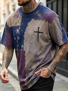 Men's New Retro Patchwork Pattern T-Shirt, Jesus Cross Faith Pattern Lightweight Crew Neck T-Shirt, Suitable For Daily Wear - Mocha Brown - View 1