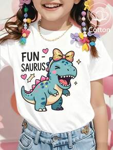 Summer/Autumn Short-Sleeved Cotton T-Shirt For Girls, Featuring A Cartoon Dinosaur Print In A Cute And Sweet Style - White - View 4
