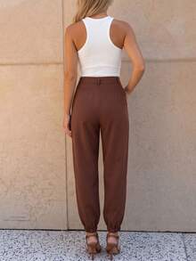 Women High Waist Pleated Front Jogger Pants, Solid Loose Tapered Elastic Cuff Work Trousers, Casual Office Wear,Halloween - Coffee Brown - View 4