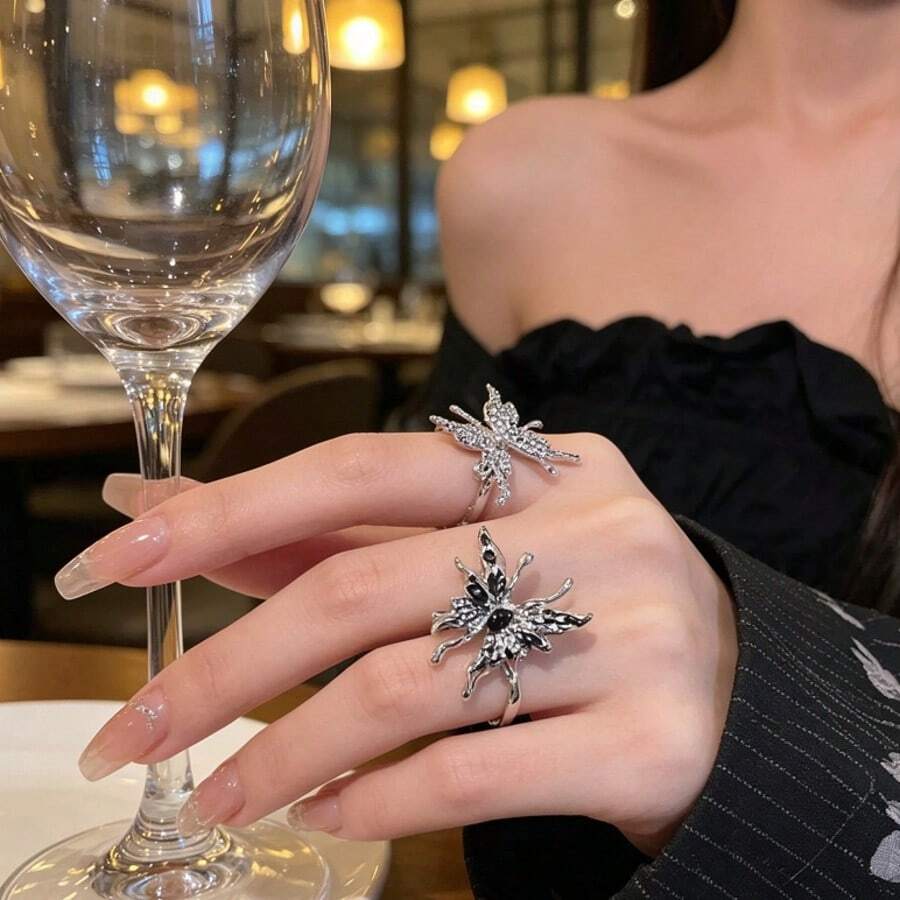 Abstract Liquid 3D Butterfly Stackable Silver Ring Set, Twisted Asymmetrical Metal Butterfly Personalized Jewelry, Luxury Holiday Gift For Women, Best Surprise For Birthday, Valentine's Day, Christmas, Wedding, Anniversary, Party