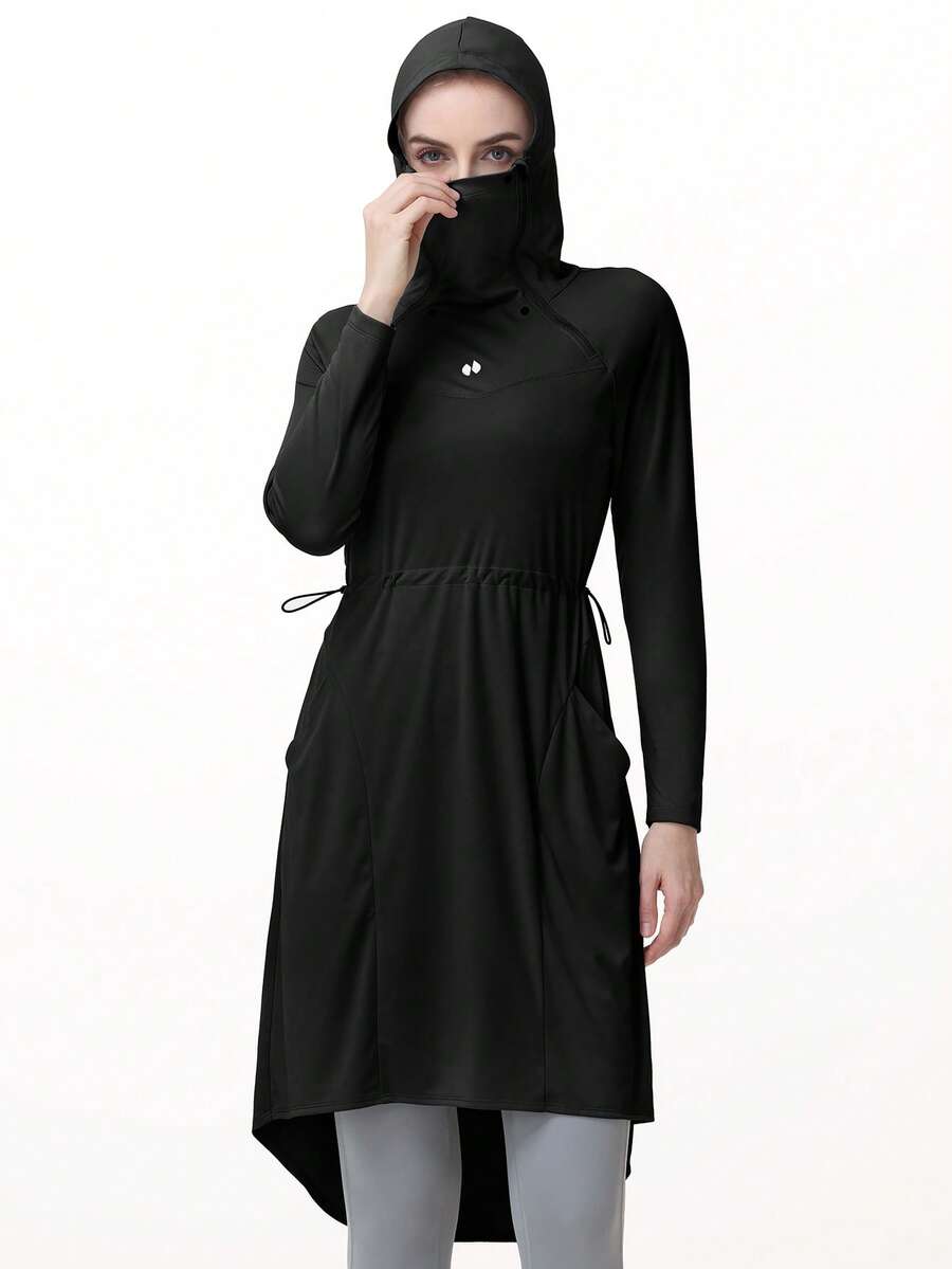HOTSUIT 女款修身連帽長洋裝附面罩,可折疊設計,可調節抽繩帽與腰部,2個側口袋,適合戶外運動 - 黑色 - 查看 1