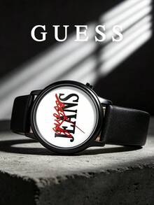 Guess 中性皮革錶帶腕錶，圓形錶盤，大膽字母 Logo 圖案，類比石英手錶，街頭時尚，休閒辦公，日常穿戴，獨特禮物 - 皮帶黑色 - 查看 6