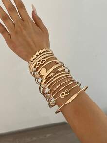 15/6/5pcs Bohemian Style Vintage Wavy Texture Smooth Surface Bracelet Set Multi-Element - Yellow Gold - View 4