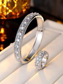 1 Set Luxury Retro Grid Bracelet & Ring Set, Niche Design Versatile Gold & Silver Jewelry - S63007-jZ24003 - View 6