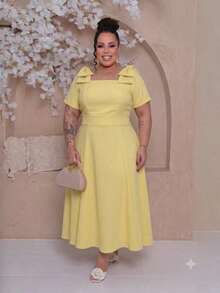 Women's Midi Plus Size Lined Dress With Square Neckline, Short Sleeves, Shoulder Bow, Padded Cups, And Elastic Back In Duna Linen - Elegant Party Dress - 黃色 - 查看 2
