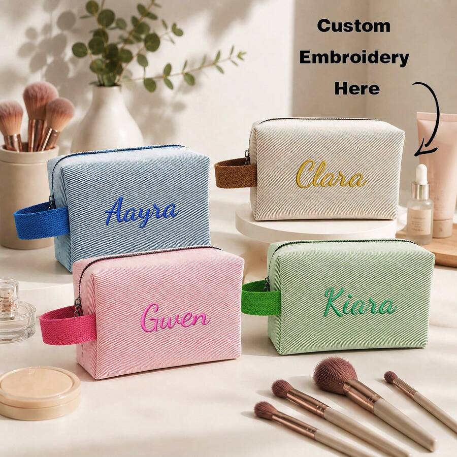 Personalized Embroidered Makeup Bag With Handle, Small Cosmetic Pouch For Girl, Custom Name Travel Toiletry Bag, Portable Storage Organizer Handbag, Compact Beauty Bag For Makeup, Skincare, Bathroom, Daily Carry And Travel Use - Multicolor - View 1