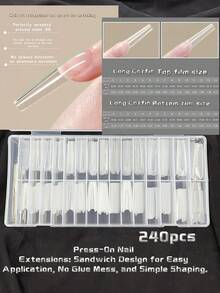 240片可重複使用三明治雙面美甲模具，15種尺寸塑膠全覆蓋模具，適用建構膠延長，無需紙模，防止膠體堆疊與翹曲，沙龍/居家DIY工具，適合初學者與專業人士，夏季旅行美甲禮物，款式：棺材形/橢圓形/杏仁形 - 無色 - 查看 6