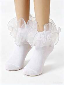 1 Pair Girls' Ruffle Trim Short Socks, Princess Dance Short Socks, White Socks - Multicolor - View 8