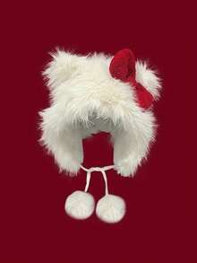 Cute Bow Plush White Earmuff Hat, Thick Warm Fluffy Beanie For Women, Daily Wear In Autumn/Winter - Multicolor - View 10