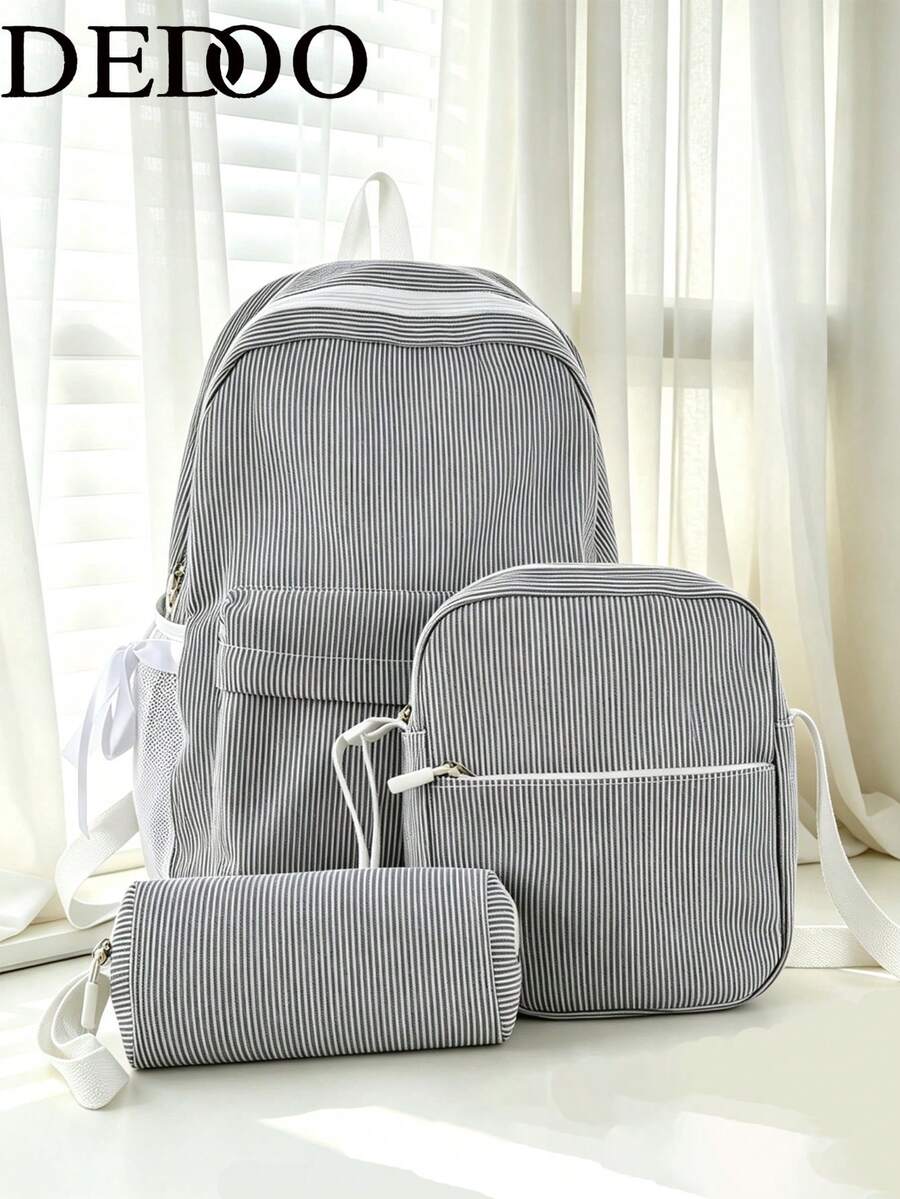 Dedoo Large Capacity Student Backpack, College Campus Use, 3-Piece Set, Washable Fabric, Bow Decor Multi-Zipper Pockets, Lightweight Storage, No Pendant
