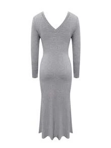 LovelyWholesale Women's Sexy Solid Color Wrap V-Neck Long Sleeve Maxi Dress, Autumn/Winter Casual Wear - Grey - View 6